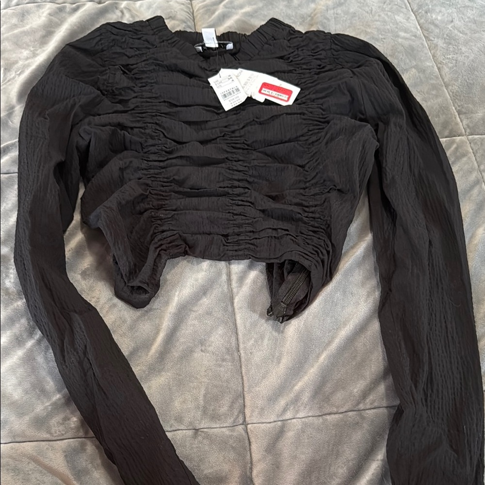 Topshop Black Textured Long Sleeve Blouse